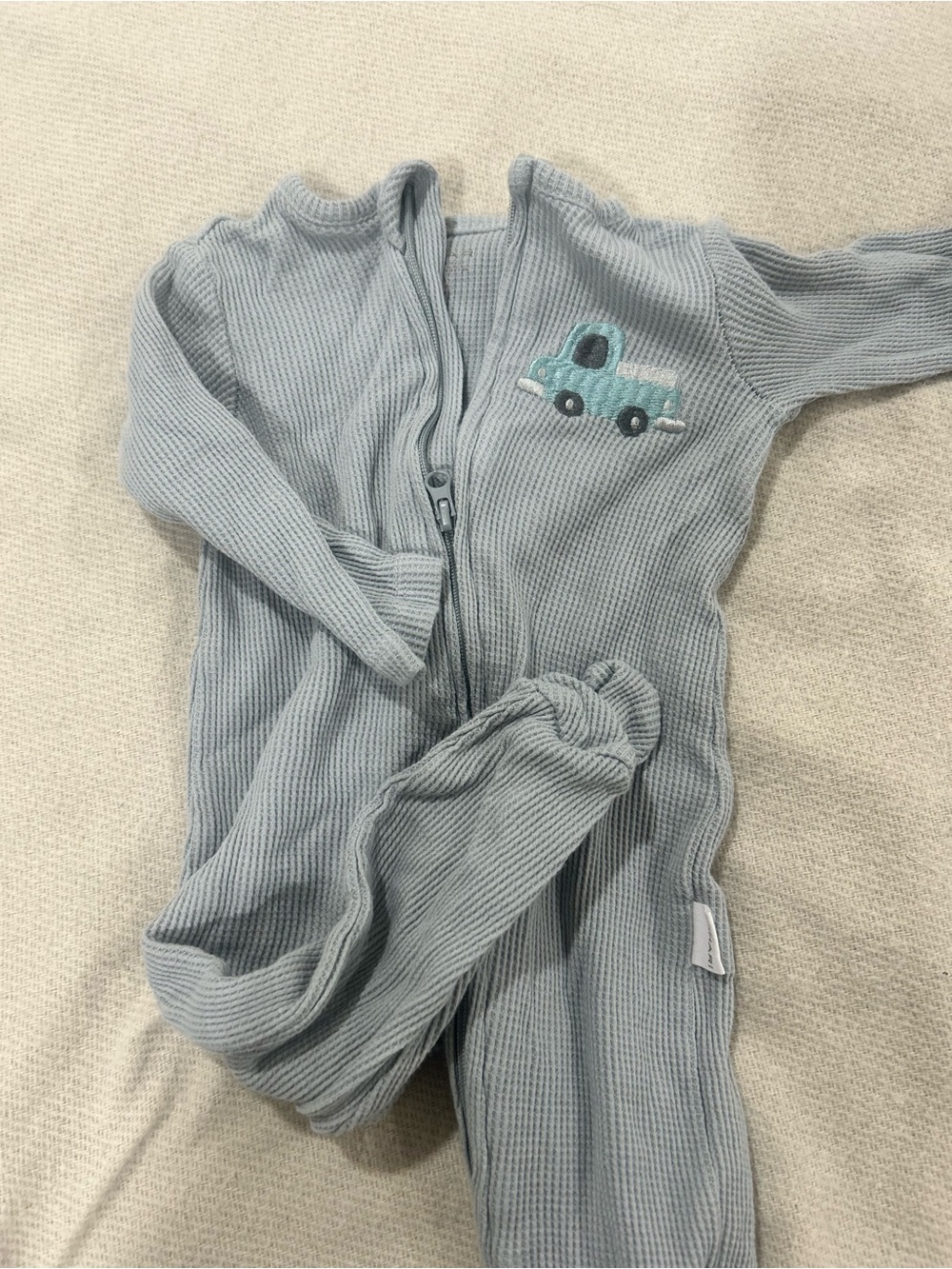 Light Blue Baby Zip Romper with Truck Embroidery